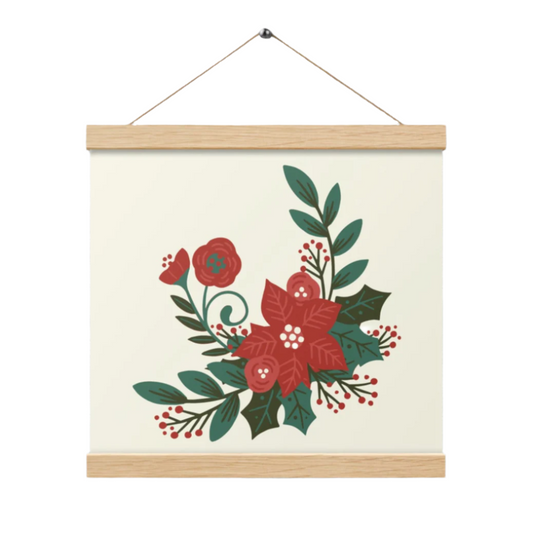 Poinsettia Holly Berry Poster with Wood Hanger 12" x 12"