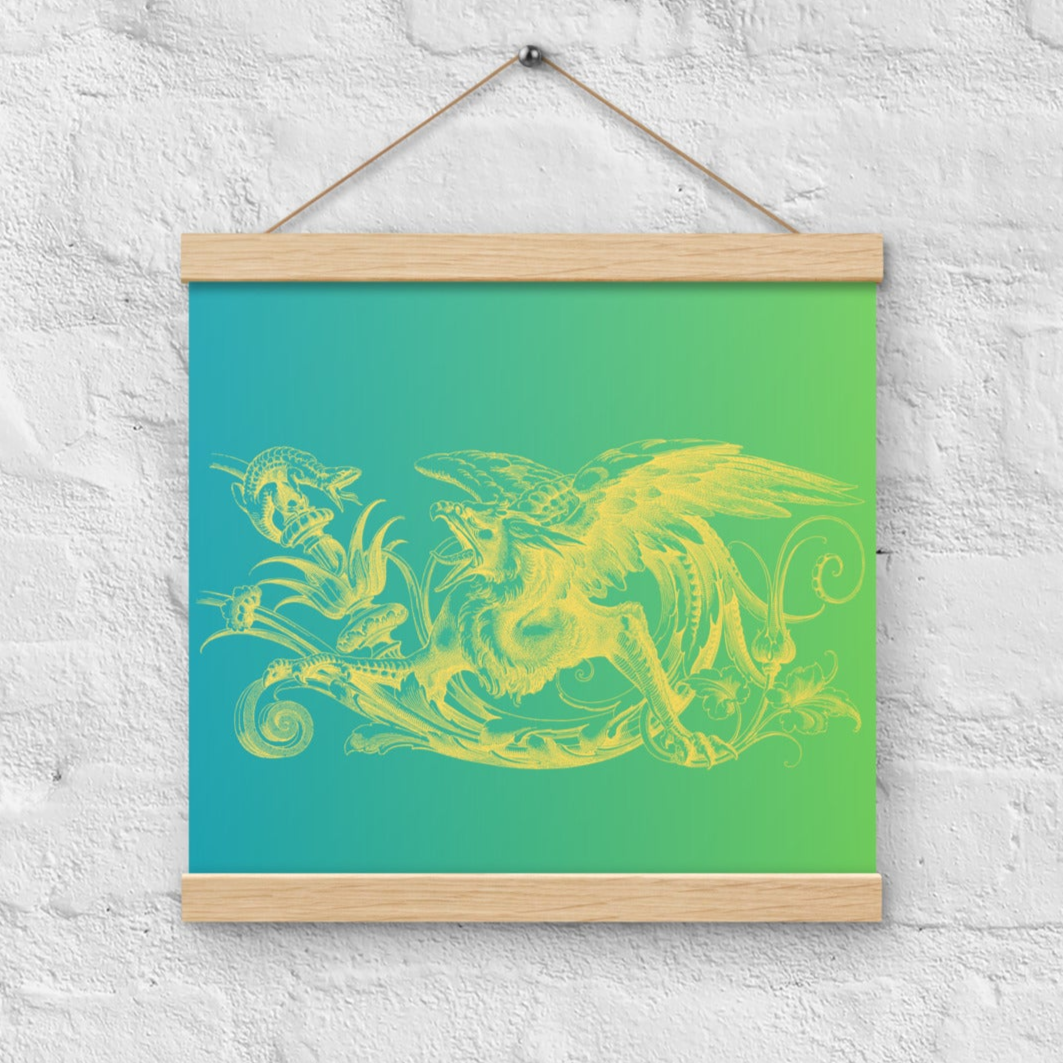 Gryphon Design Yellow Gryphon Green Gradient Poster with Wood Hanger 12" x 12"