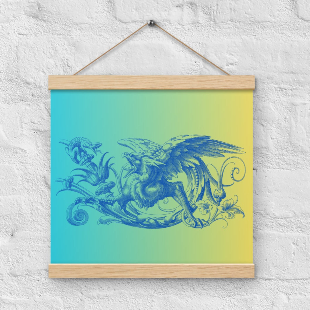 Gryphon Design Blue Gryphon Blue Yellow Gradient Poster with Wood Hanger 12" x 12"