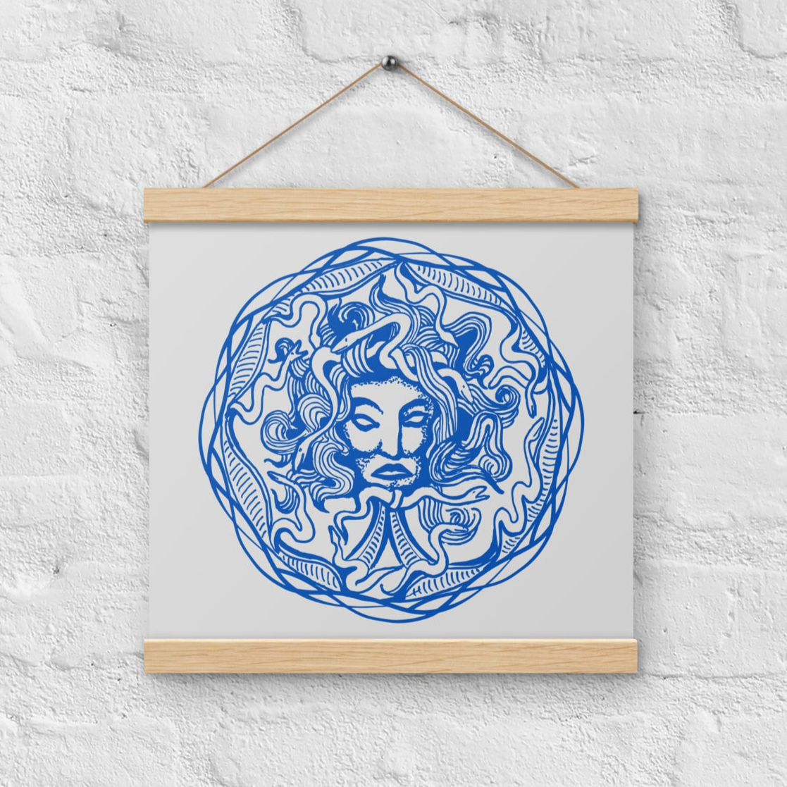 Medusa Circle Emblem Blue Design Gray Poster with Wood Hanger 12" x 12"
