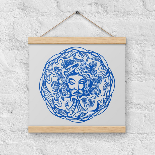 Medusa Circle Emblem Blue Design Gray Poster with Wood Hanger 12" x 12"