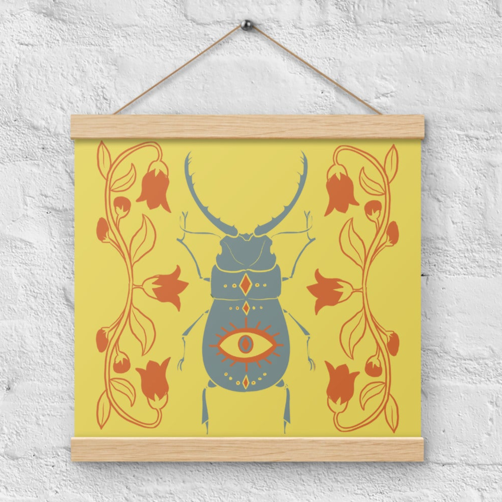 Retro Style Beetle Yellow Poster with Wood Hanger 12" x 12"