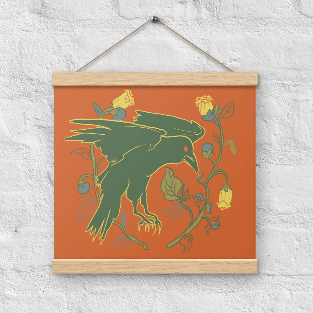 Retro Style Green Bird Raven Red Poster with Wood Hanger 12" x 12"