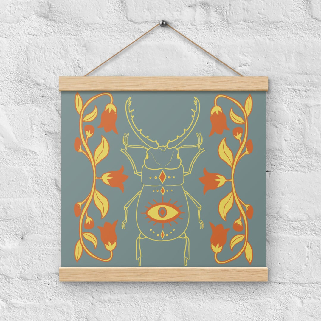 Retro Style Beetle Gray Poster with Wood Hanger 12" x 12"