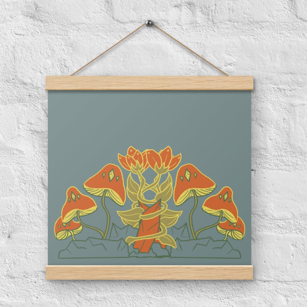 Retro Style Mushrooms Gray Poster with Wood Hanger 12" x 12"