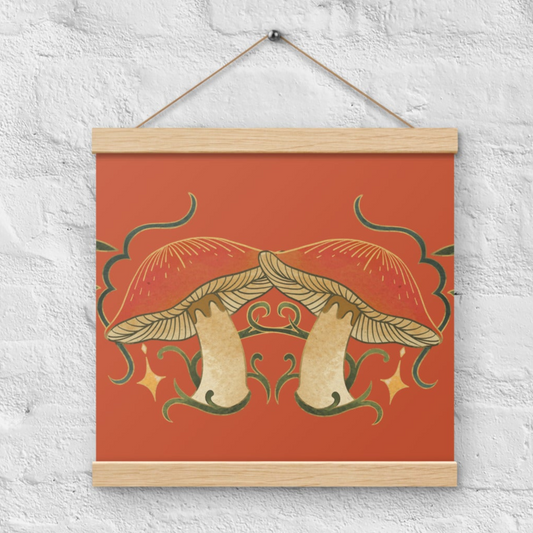 Autumn Mushrooms Red Poster with Wood Hanger 12" x 12"