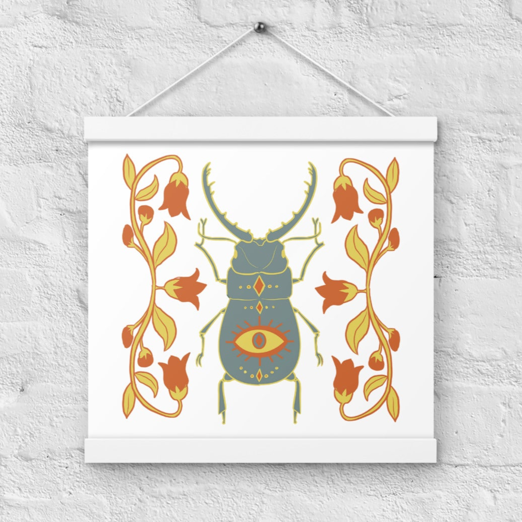 Retro Style Beetle Poster with White Wood Hanger 12" x 12"