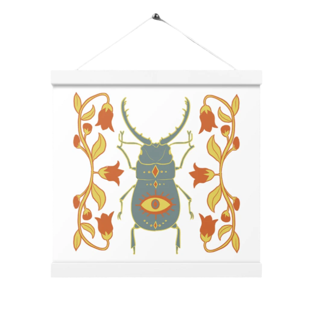 Retro Style Beetle Poster with White Wood Hanger 12" x 12"