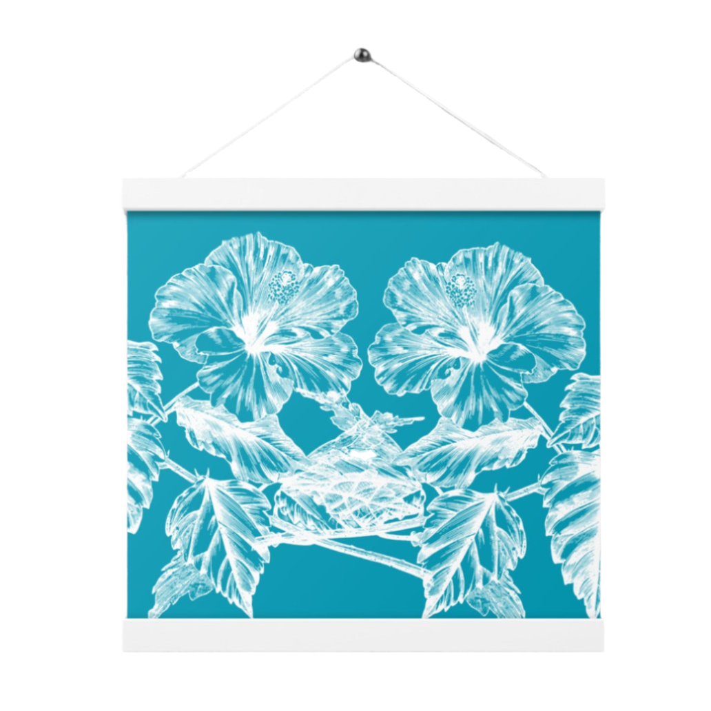 White Flowers Teal Poster with White Wood Hanger 12" x 12"
