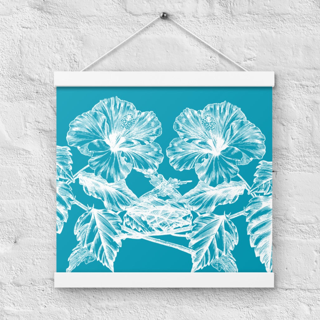 White Flowers Teal Poster with White Wood Hanger 12" x 12"