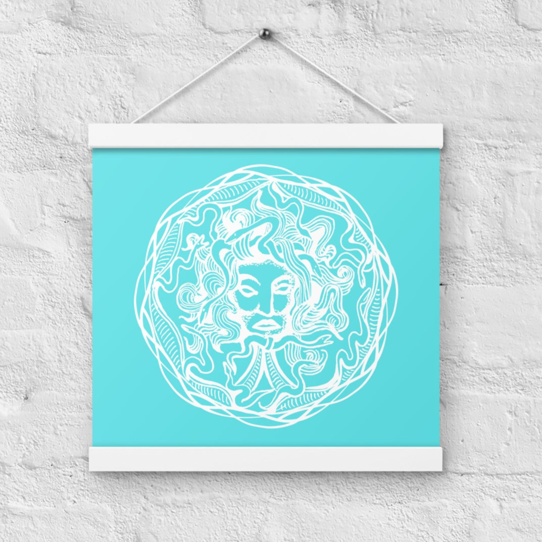 Medusa Circle Emblem Design Bright Blue Poster with White Wood Hanger 12" x 12"
