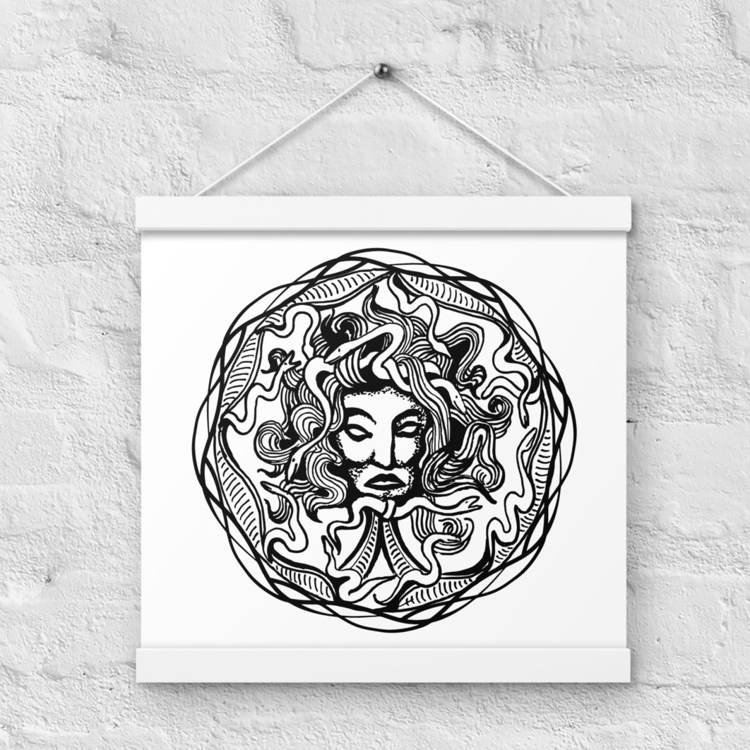 Medusa Circle Emblem Design White Poster with White Wood Hanger 12" x 12"