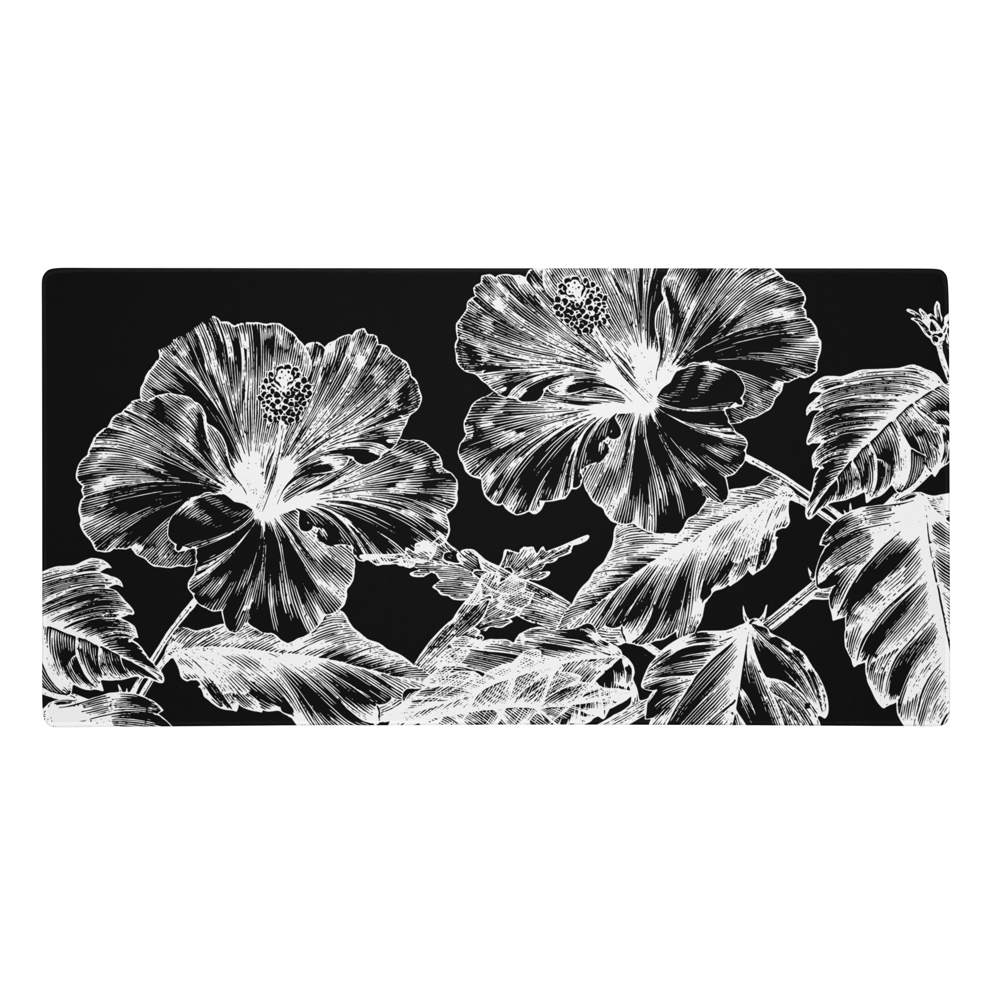 White Flowers Black Desk Mat Large Laptop Mouse Pad 36″ × 18″ My Oh