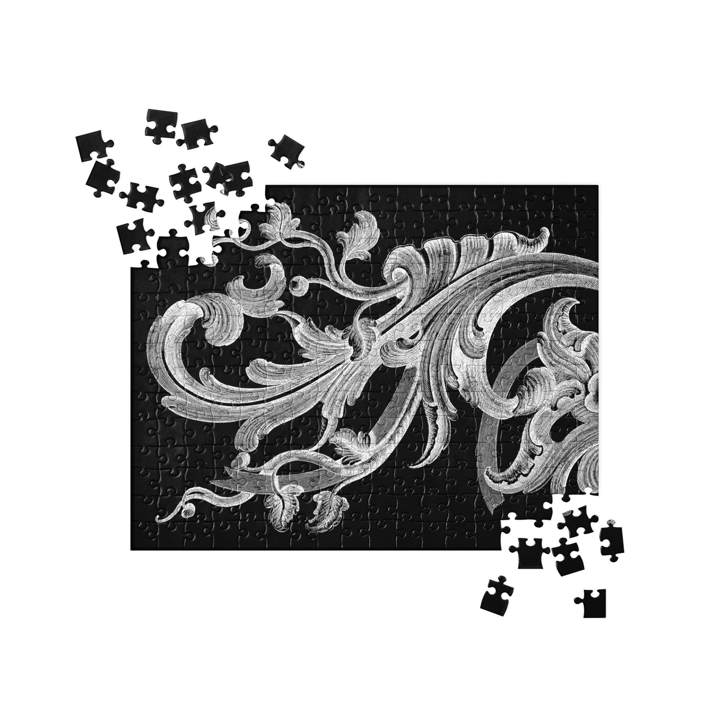 Art Nouveau Filigree White Design Black Jigsaw Puzzle