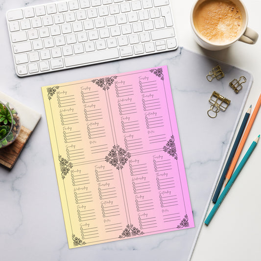 Art Nuevo Style Yellow Pink Gradient Month Planner 4 Week Checklist Notepad 11″ x 8.5″
