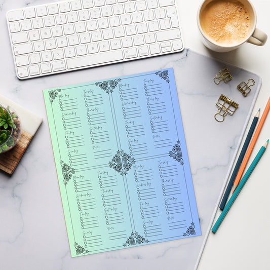Art Nuevo Style Green Blue Gradient Month Planner 4 Week Checklist Notepad 11″ x 8.5″
