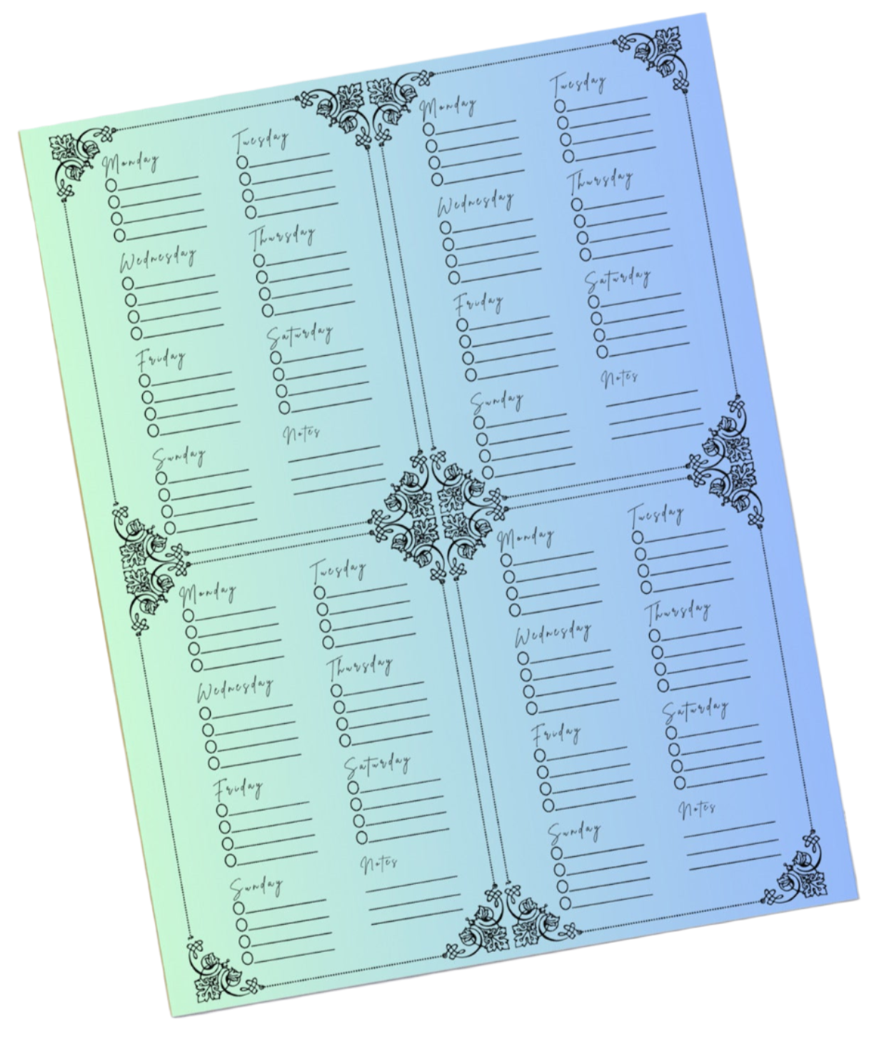 Art Nuevo Style Green Blue Gradient Month Planner 4 Week Checklist Notepad 11″ x 8.5″
