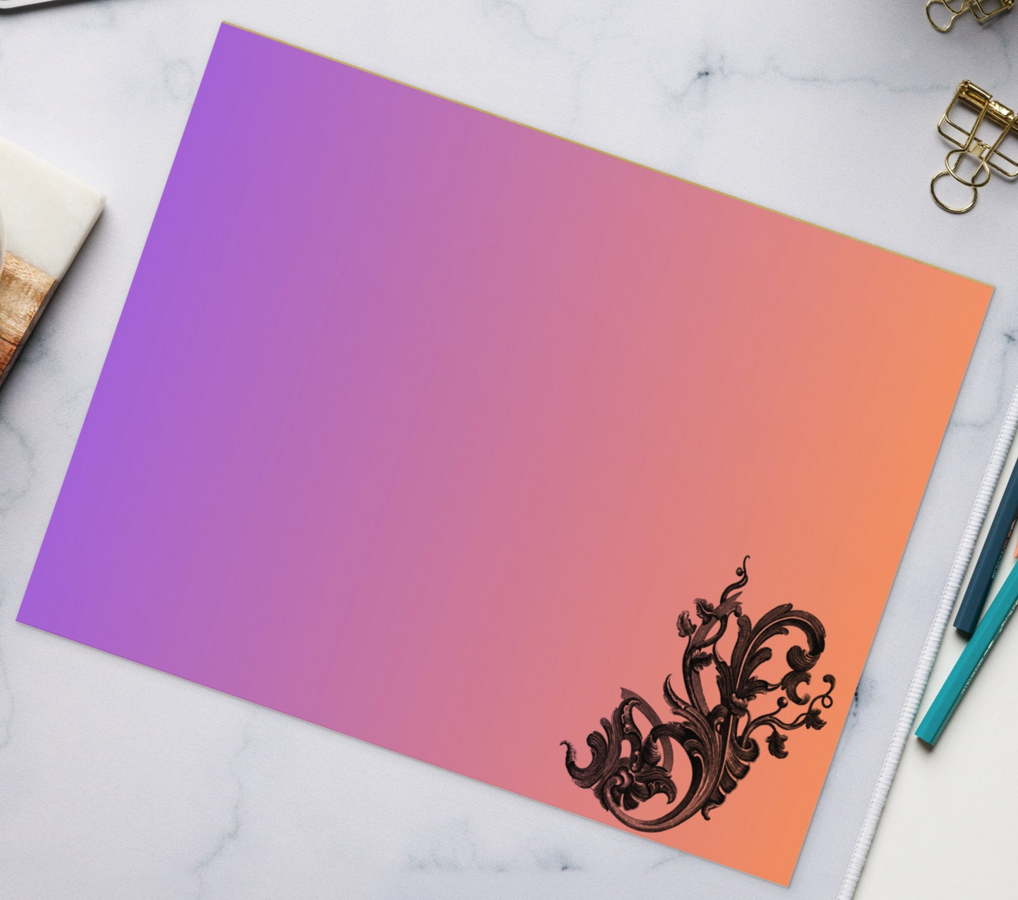 Art Nouveau Filigree Design Purple Orange Gradient Stationery Notepad 11″ x 8.5″