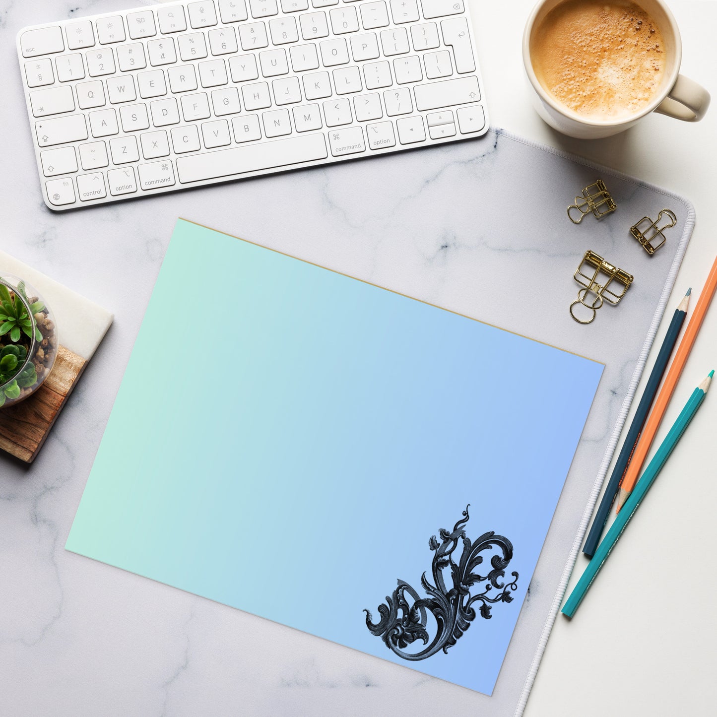 Art Nouveau Filigree Design Green Blue Gradient Stationery Notepad 11″ x 8.5″