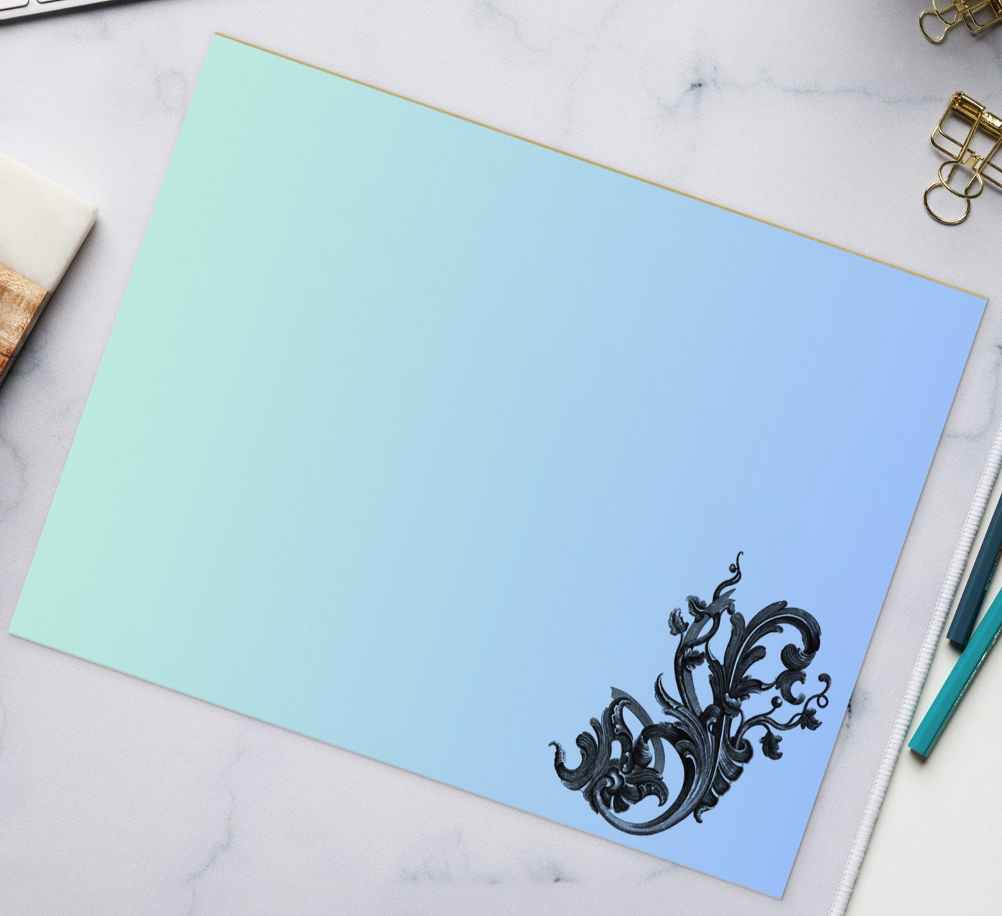 Art Nouveau Filigree Design Green Blue Gradient Stationery Notepad 11″ x 8.5″