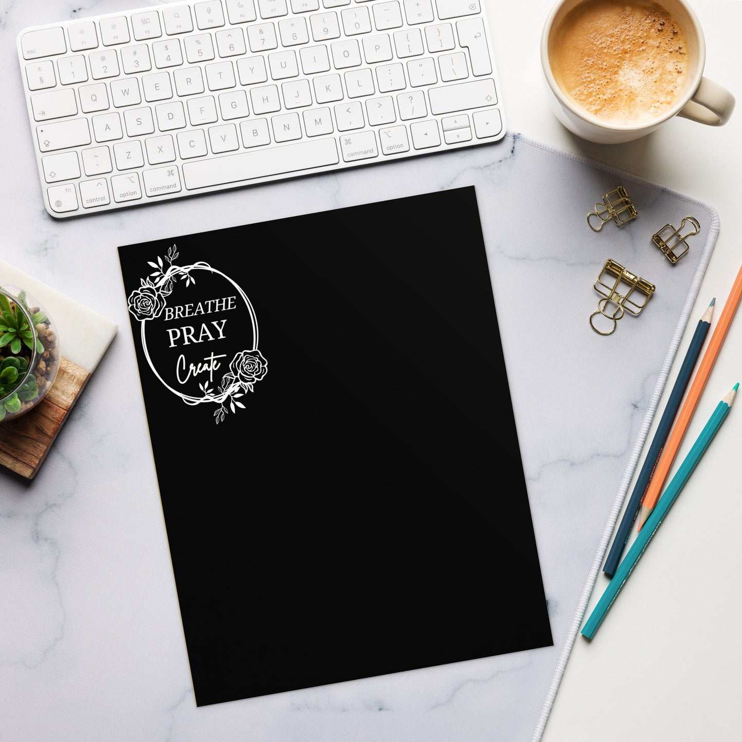 Breathe Pray Create Flower Frame Black Stationery Notepad 11″ x 8.5″