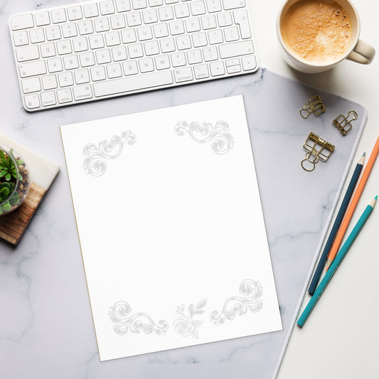 Flower Filigree Design Gray Stationery Notepad 11″ x 8.5″