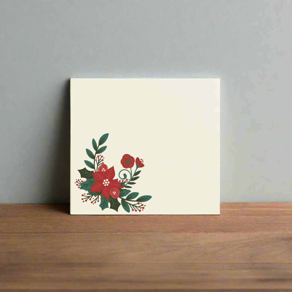 Large Memo Notepad Poinsettia Holly Berry Cream Stationery 5.5″ × 6″