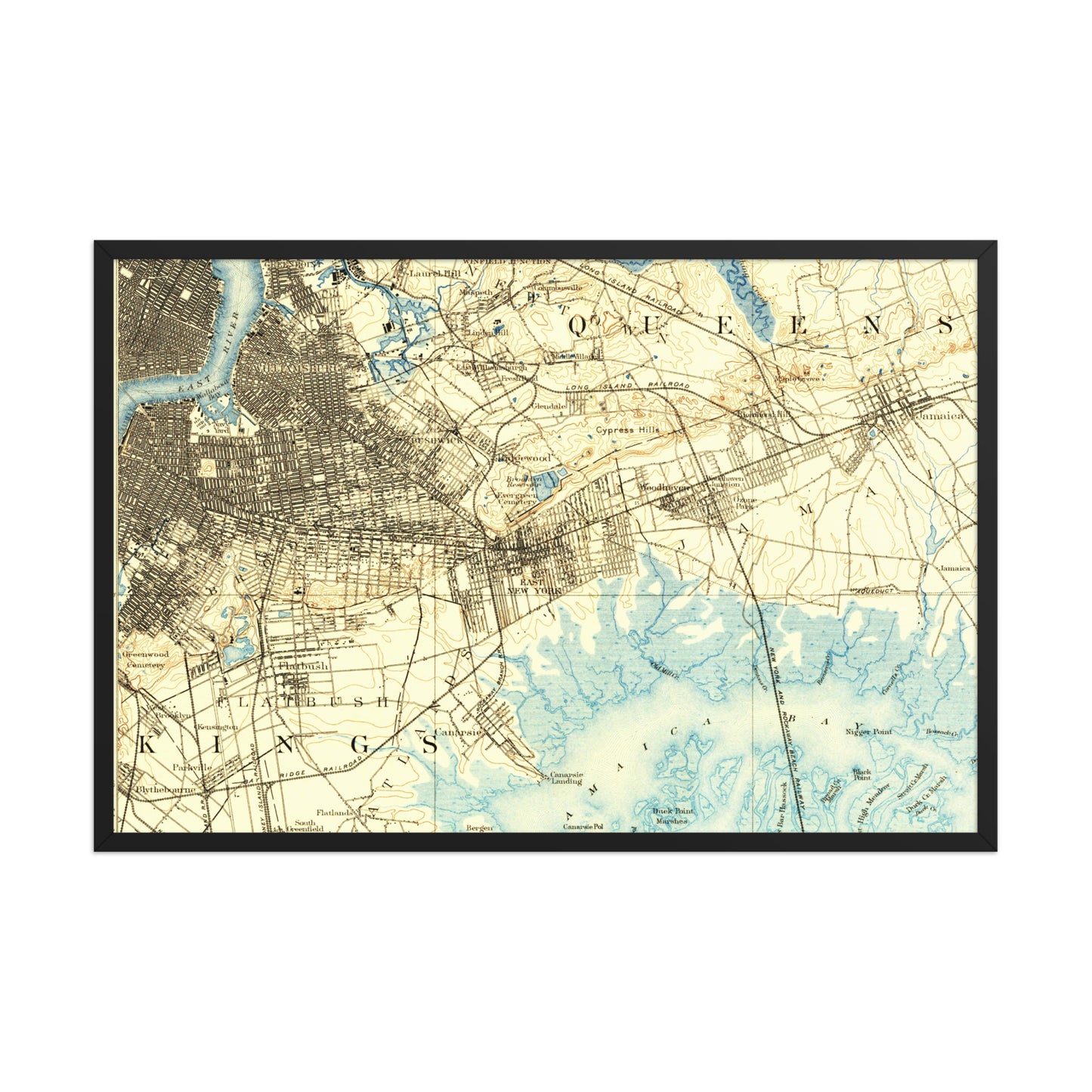 Framed Poster 24″×36″ Brooklyn NY 1889 Historical Map Horizontal Black, Red Oak or White Frame