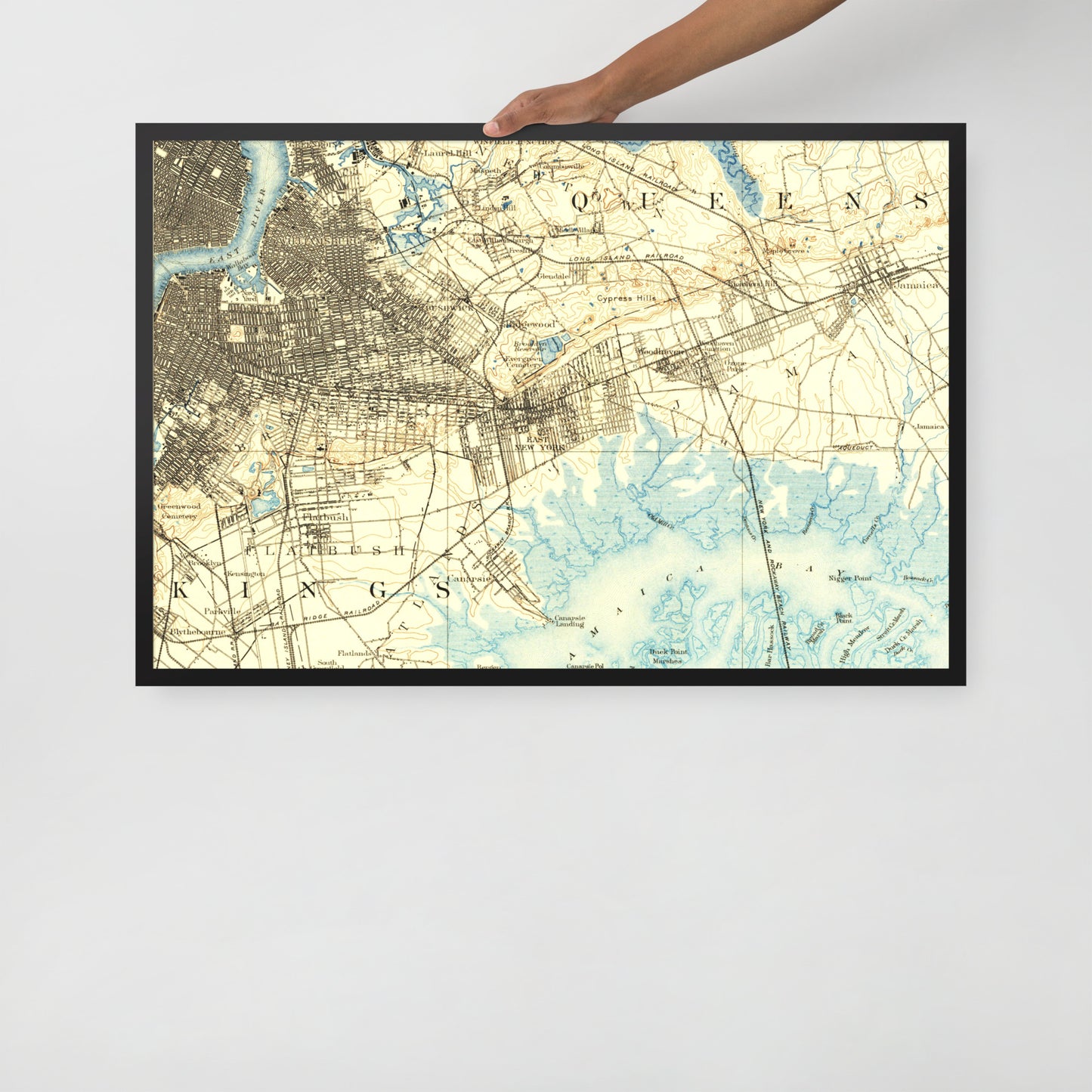 Framed Poster 24″×36″ Brooklyn NY 1889 Historical Map Horizontal Black, Red Oak or White Frame