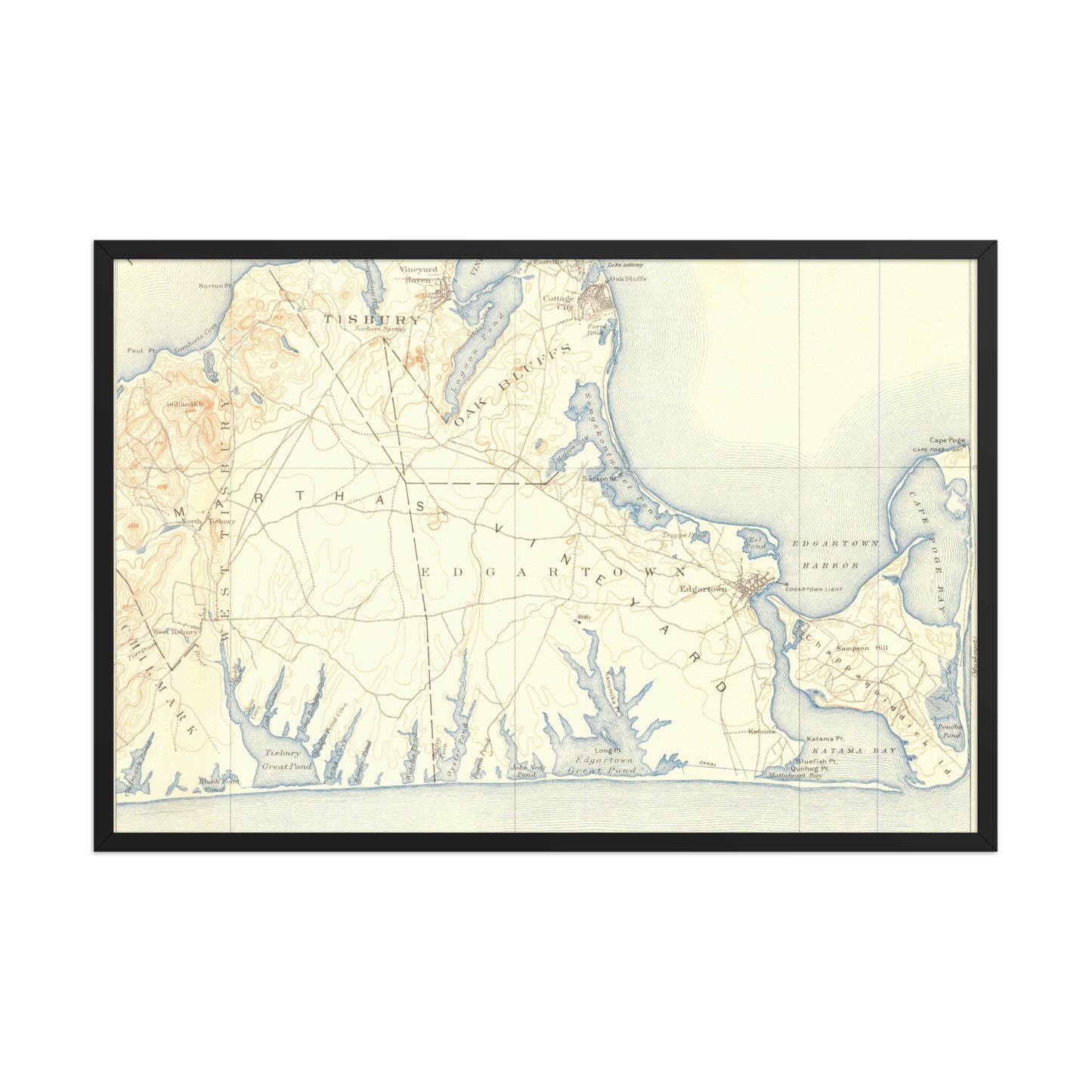 Framed Poster 24″×36″ Marthas Vineyard MA 1887 Historical Map Horizontal Black, Red Oak or White Frame