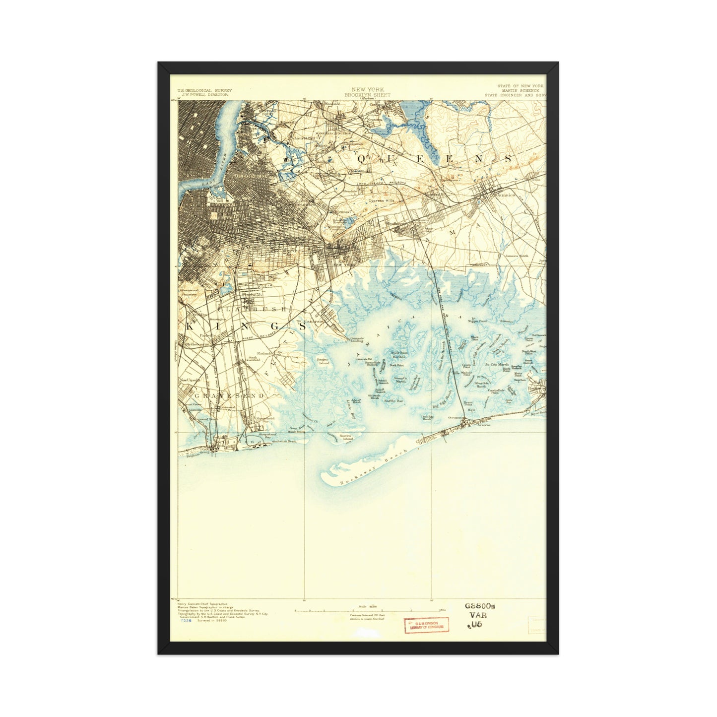 Framed Poster 24″×36″ Brooklyn NY 1889 Historical Map Black, Red Oak or White Frame