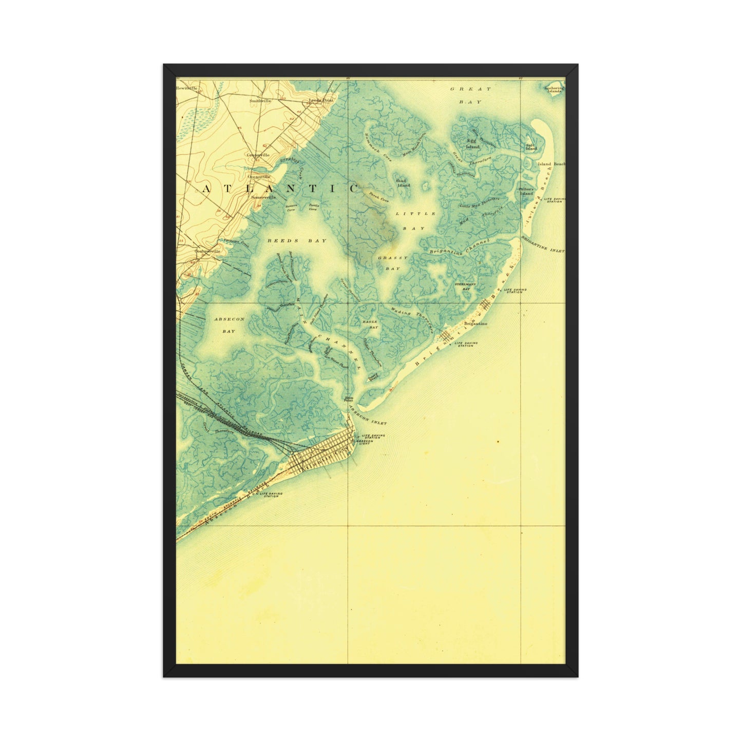 Framed Poster 24″×36″ Atlantic City NJ 1887 Historical Map Black, Red Oak or White Frame