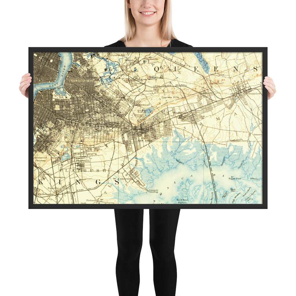 Framed Poster 24″×36″ Brooklyn NY 1889 Historical Map Horizontal Black, Red Oak or White Frame