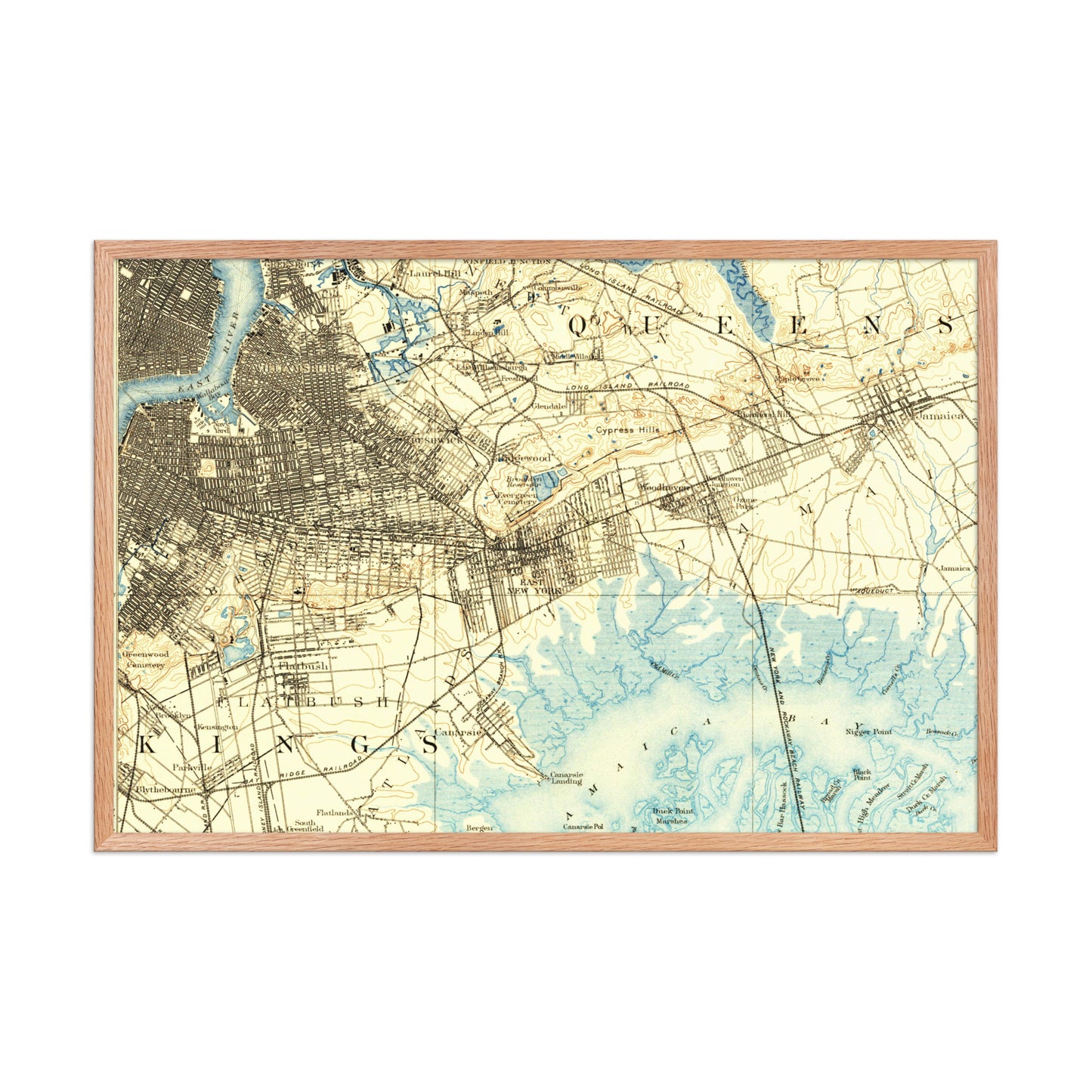 Framed Poster 24″×36″ Brooklyn NY 1889 Historical Map Horizontal Black, Red Oak or White Frame
