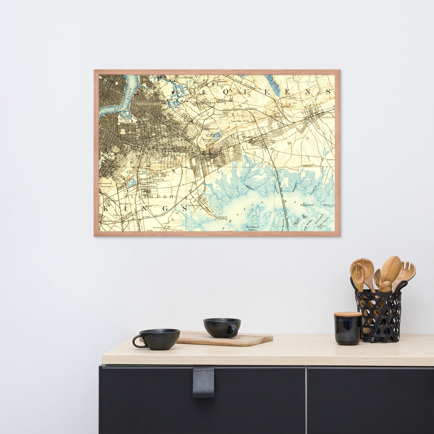 Framed Poster 24″×36″ Brooklyn NY 1889 Historical Map Horizontal Black, Red Oak or White Frame
