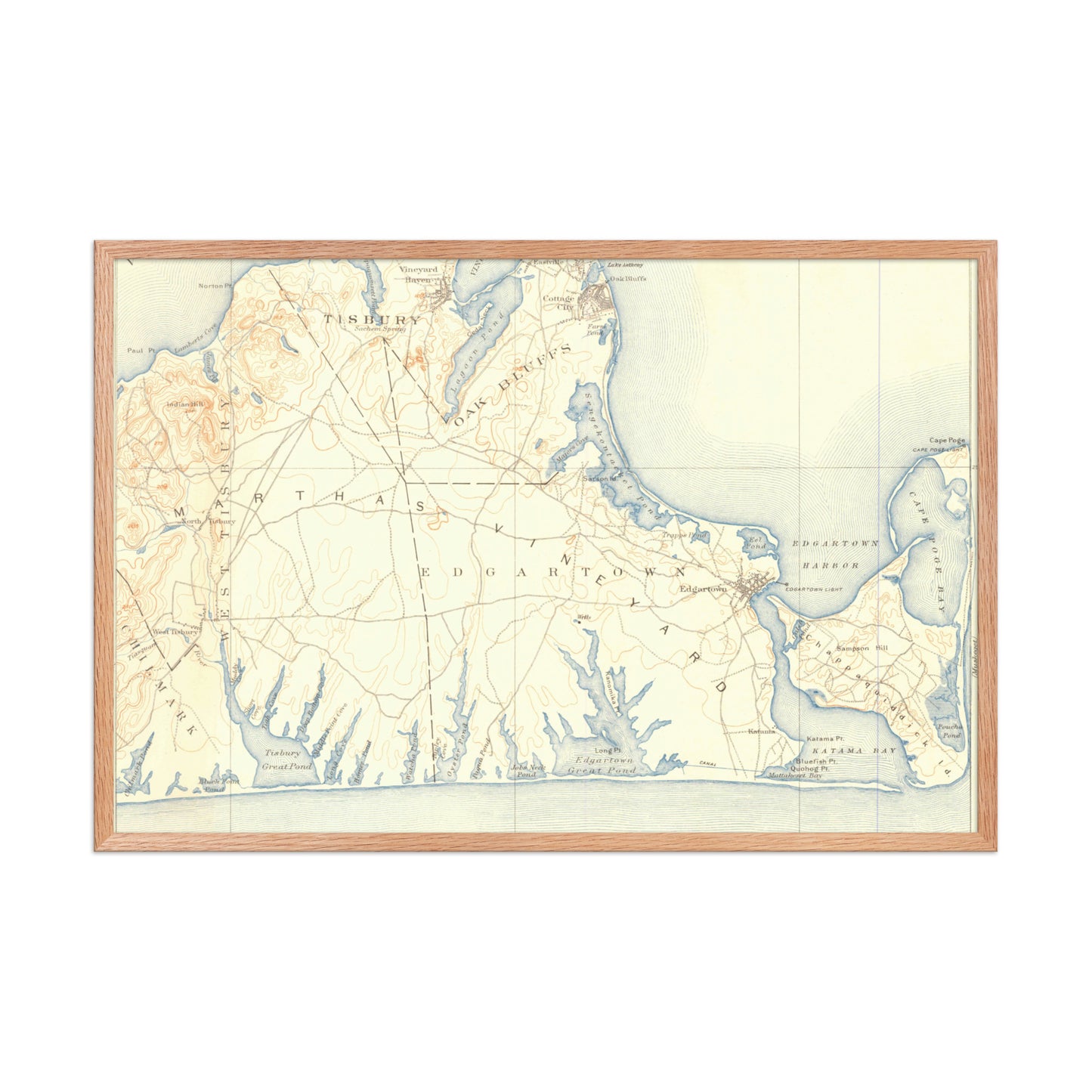 Framed Poster 24″×36″ Marthas Vineyard MA 1887 Historical Map Horizontal Black, Red Oak or White Frame