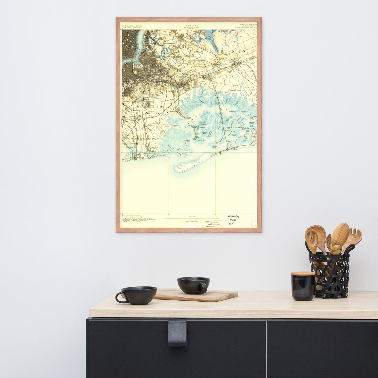 Framed Poster 24″×36″ Brooklyn NY 1889 Historical Map Black, Red Oak or White Frame