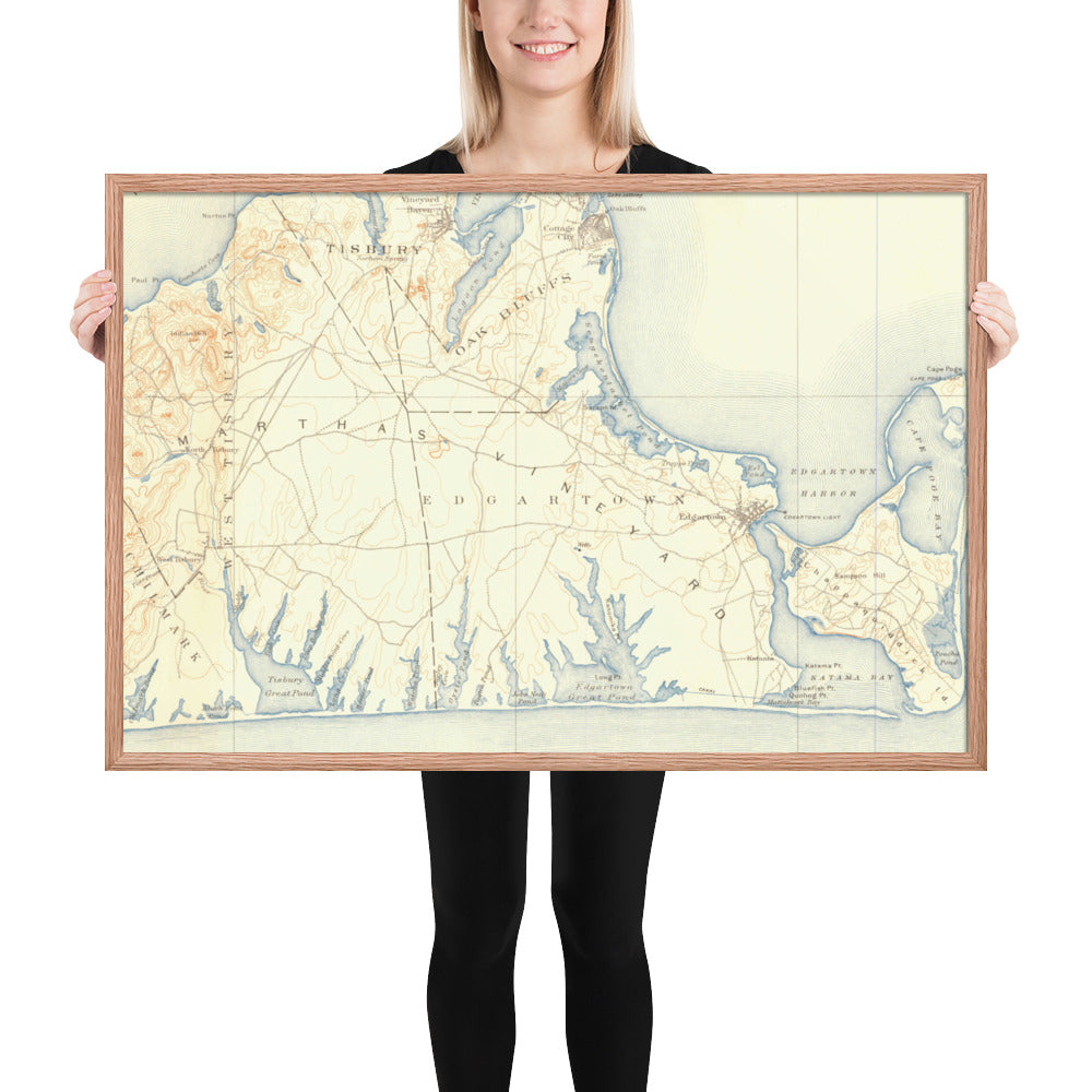 Framed Poster 24″×36″ Marthas Vineyard MA 1887 Historical Map Horizontal Black, Red Oak or White Frame