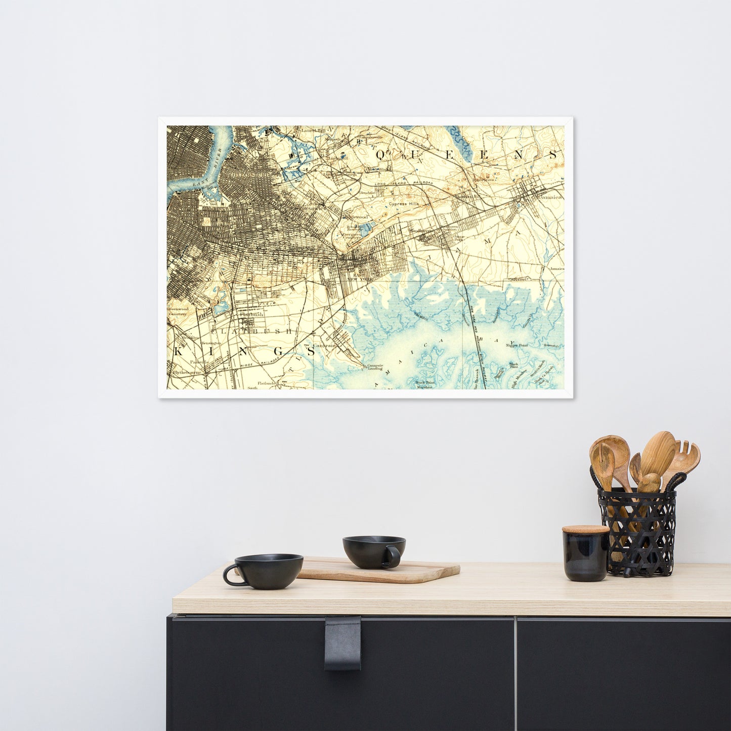Framed Poster 24″×36″ Brooklyn NY 1889 Historical Map Horizontal Black, Red Oak or White Frame