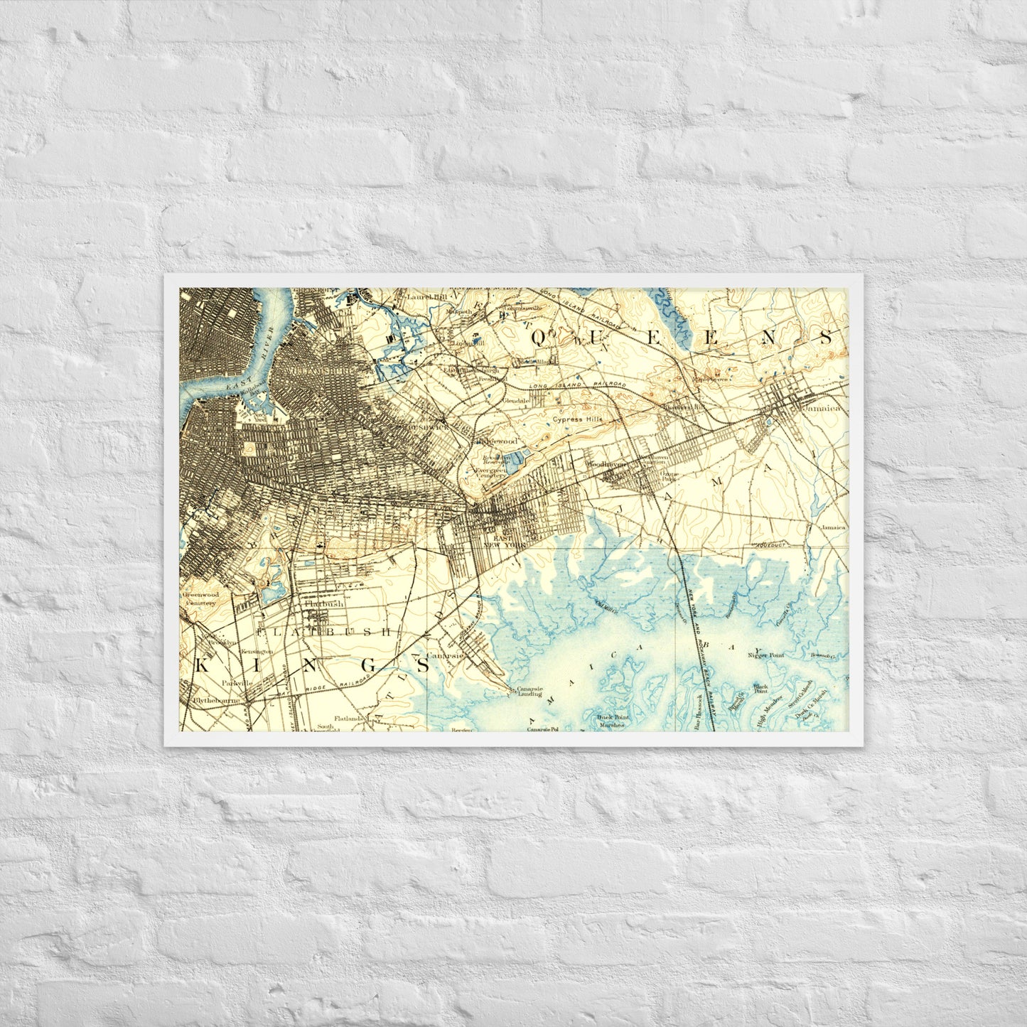 Framed Poster 24″×36″ Brooklyn NY 1889 Historical Map Horizontal Black, Red Oak or White Frame