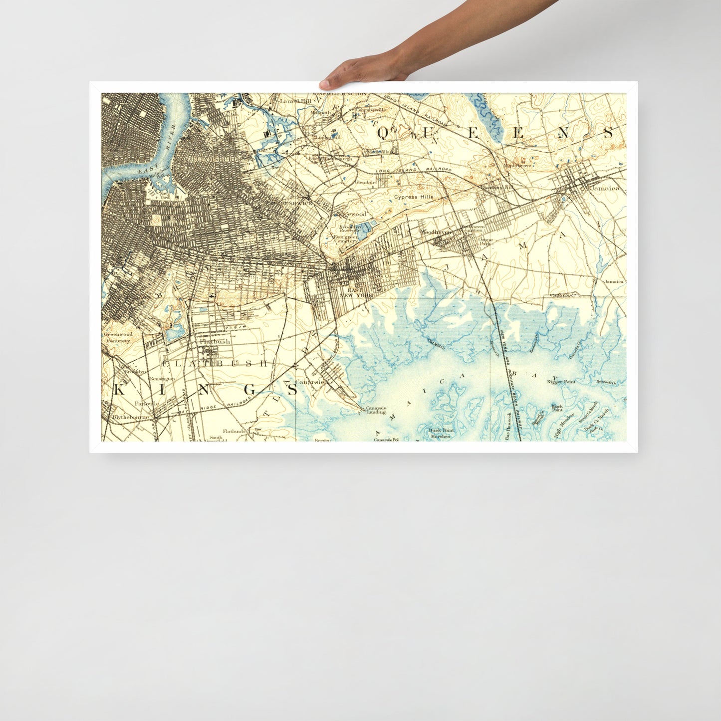 Framed Poster 24″×36″ Brooklyn NY 1889 Historical Map Horizontal Black, Red Oak or White Frame