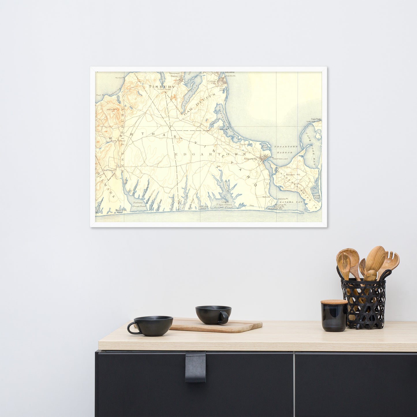 Framed Poster 24″×36″ Marthas Vineyard MA 1887 Historical Map Horizontal Black, Red Oak or White Frame