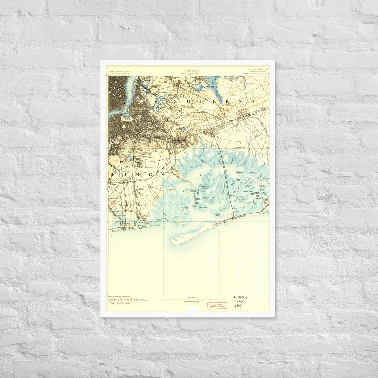 Framed Poster 24″×36″ Brooklyn NY 1889 Historical Map Black, Red Oak or White Frame