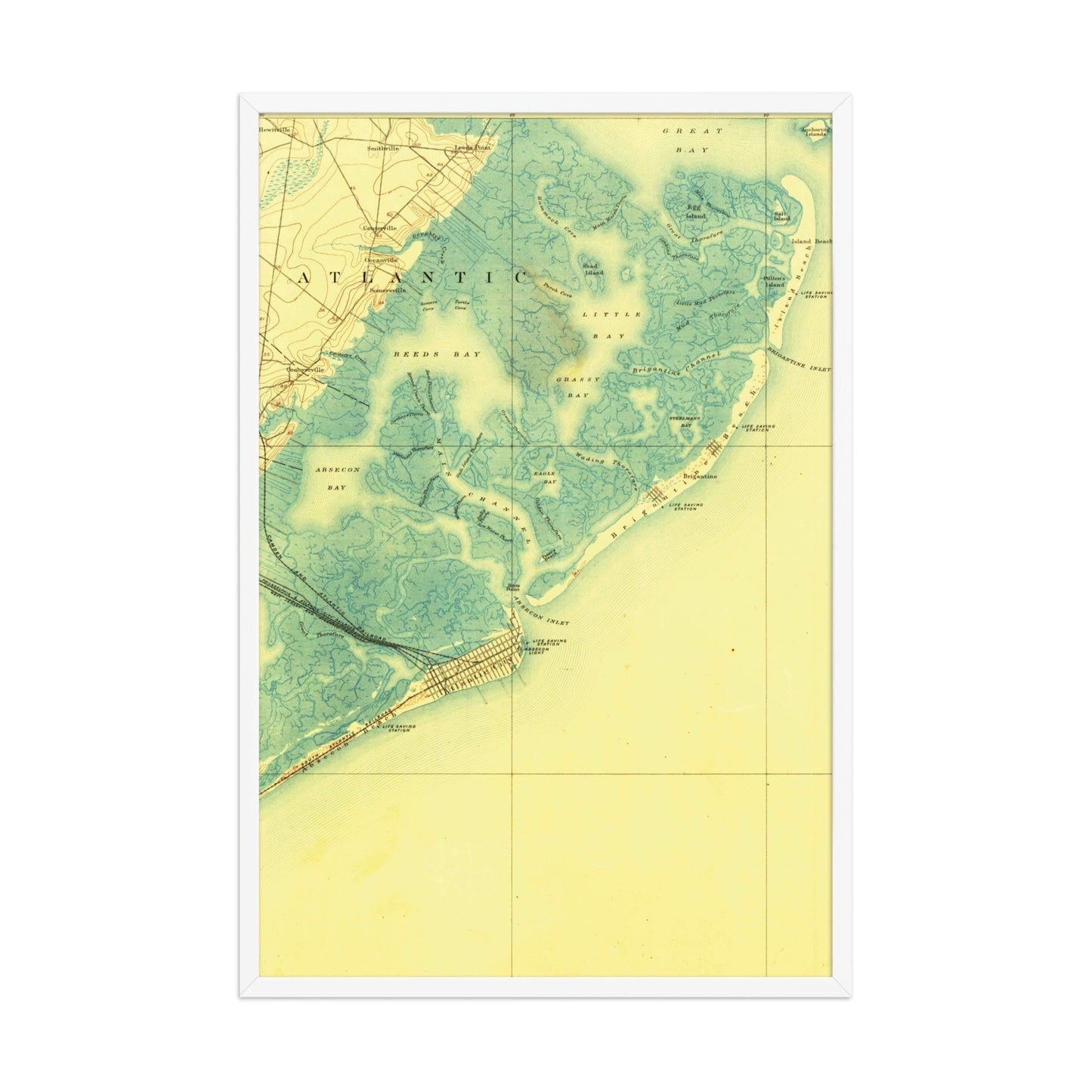 Framed Poster 24″×36″ Atlantic City NJ 1887 Historical Map Black, Red Oak or White Frame