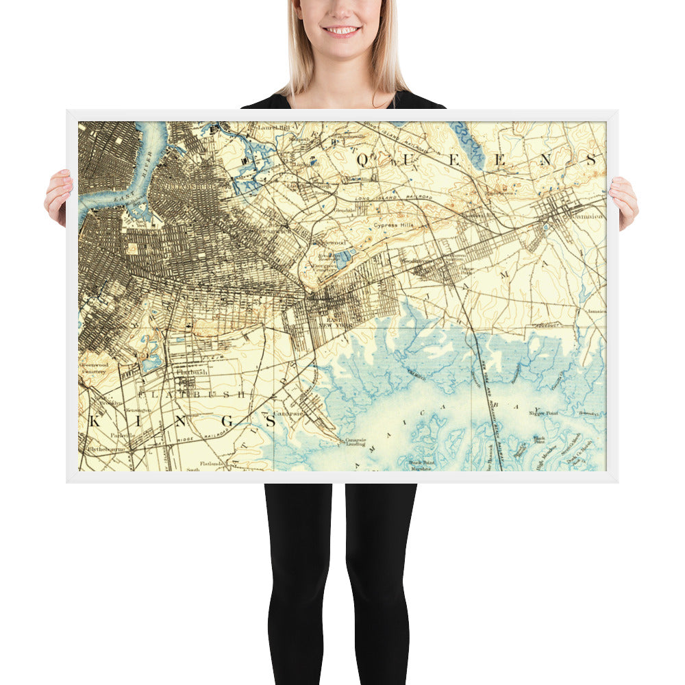 Framed Poster 24″×36″ Brooklyn NY 1889 Historical Map Horizontal Black, Red Oak or White Frame