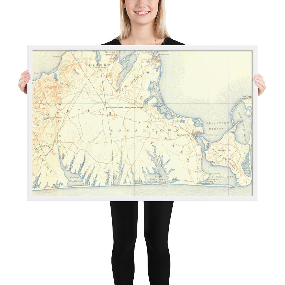 Framed Poster 24″×36″ Marthas Vineyard MA 1887 Historical Map Horizontal Black, Red Oak or White Frame
