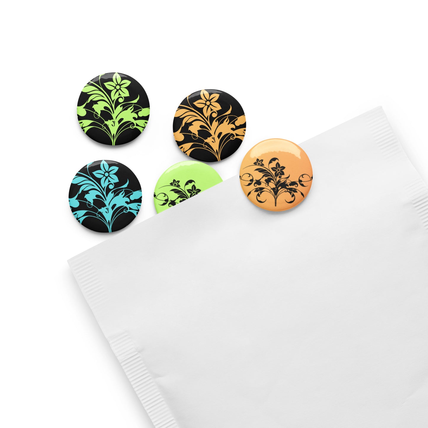 Floral Filigree Bouquet Design Pin Button Set of 5 (1.25″) Green Blue Orange
