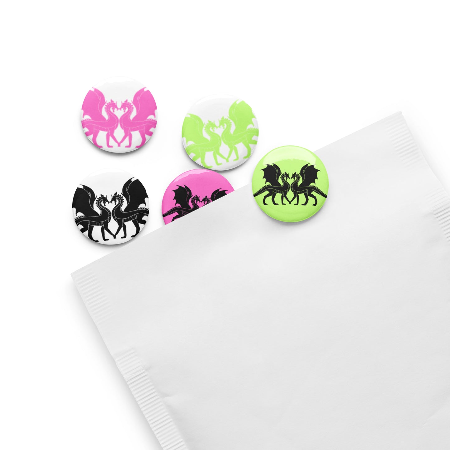 Double Dragon Love Pin Button Set of 5 (1.25″) Pink & Green