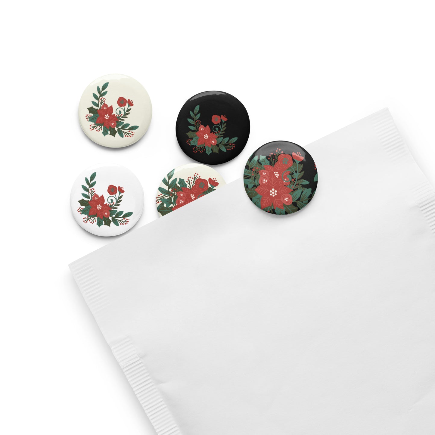 Poinsettia Holly Berry Pin Button Set of 5 (1.25″)