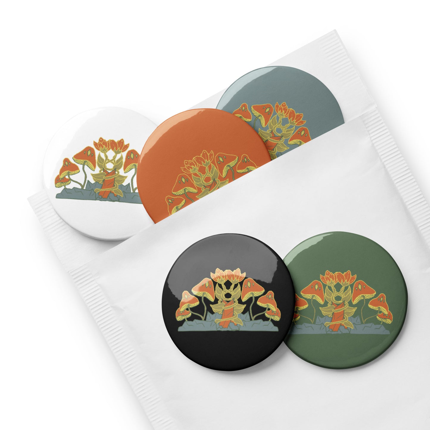 Retro Style Mushrooms Pin Button Set of 5 (2.25″)